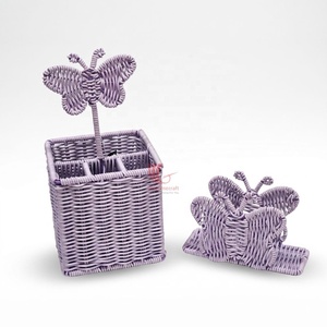 <b>Purple</b> Woven Butterfly Desk Organizer With <b>Pen</b> Holder Bohemian Style Storage Box For Office Sundries - Product Image 1