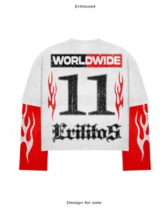 เสื้อยืดแขนยาวสีขาวแดงลายเปลวไฟ เสื้อยืดลายกราฟิกขนาดใหญ่พิเศษ เสื้อเชิ้ตทรงบ็อกซี่แขนลายเปลวไฟสไตล์สตรีทแวร์ ผู้ผลิต OEM ตามสั่ง - Product Image 2