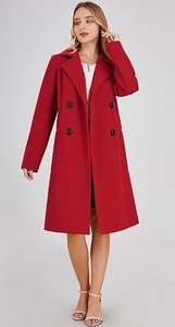 Women's <b>Red</b> <b>Wool</b> Long Trench Coat Double Breasted Notched Collar Full Sleeve Elegant Winter Outerwear Keep Warm Solid Color - Product Image 3