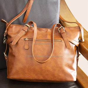 Handmade Genuine Leather Vintage Tote Shoulder <b>Bag</b> <b>Women</b> Fashionable Custom Logo Metal Zipper Closure Portable <b>Beach</b> Polyester - Product Image 2