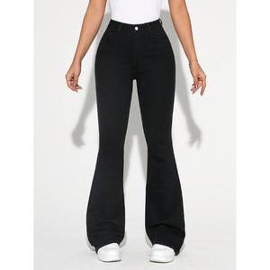 Elegantes y Modernos Jeans de Mezclilla Negros para Mujer, Corte de Campana, Cintura Alta, Elásticos, Estilo Urbano, Tallas 26 a 40 - Product Image 1
