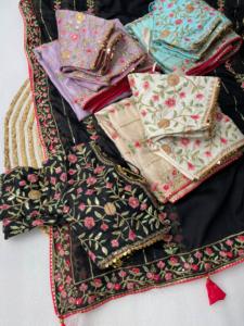 Saree de seda Tebi pesado suave secuencia de hilo de bordado completo Borde de trabajo múltiple incluye blusa de seda Mono-indio paquistaní - Product Image 5