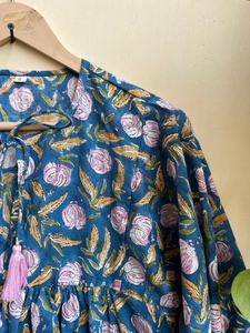 Casual Floral Block Print Tunic Top Deep Neck with <b>String</b> Closer Hand Woven Long Maxi <b>Dress</b> Embroidery for Outwear - Product Image 3