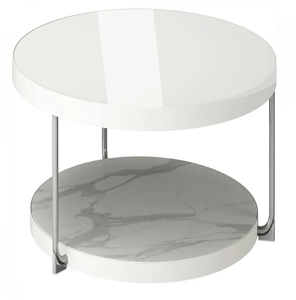 Mesa de centro redonda con tablero de mármol blanco y estructura de alambre metálico dorado entrecruzado, disponible a precios de mayorista. - Product Image 5