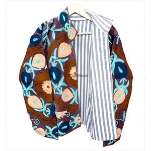 Blazer de Algodón Transpirable para Mujer, Estilo Nuevo, con Bordado Floral a Rayas, Cuello Mao, Cierre de Botones Cubiertos, Otoño - Product Image 2