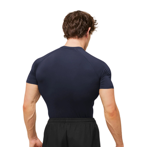 Haut de compression pour homme à col rond et manches raglan courtes, à bandes tonales, séchage rapide, en polyester, coupe ajustée, pour marque privée - Product Image 2