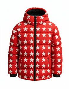 Blouson matelassé à capuche imprimé étoiles rouges pour homme – Manteau d'hiver chaud style streetwear – Vêtements d'extérieur personnalisés en gros - Product Image 2