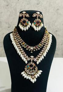 Luxury Traditional <b>Indian</b> Bridal <b>Jewelry</b> <b>Set</b> Gold Plated Multicolored Moissanite Polki Layered Necklace with Matching earrings - Product Image 6
