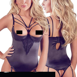 Women's Black Satin <b>Bodysuit</b> With Hollow Out Design And Adjustable Straps Sexy Lingerie Shapewear - Product Image 5