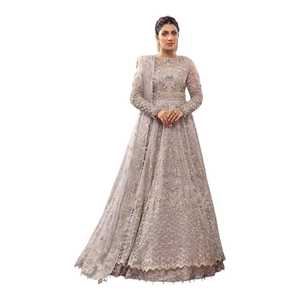 Elegante traje Anarkali de gasa gris bordado, manga larga, cuello alto, largo hasta el suelo, corte en A, vestido para la madre de la novia - Product Image 1