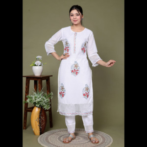 NIYANI Women's Ivory Grace Cotton Ankle-Length Kurta Set Dupatta Loose Fit <b>Three</b>-Piece Elegant Ethnic Casual Maxi Handcrafted - Product Image 4