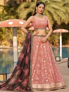 Pink Modern Short Floral Embroidered Lehenga Set Sleeveless Blouse Pleated Skirt <b>Net</b> Dupatta Wedding Party Outfit - Product Image 1