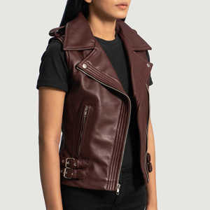 Chaleco de cuero para mujer, color granate, informal, sin mangas, con cuello en V, cremallera, secado rápido, con bolsillos, top de otoño, chaleco de motociclista de moda, superventas, prenda exterior - Product Image 2