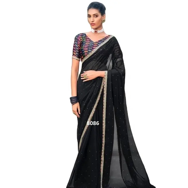 Dgb ייצוא georgette רצף עבודה רקמה שרה עם חולצה הודית ללבוש נשים sari לקנות מחיר נמוך הסיטונאי 2023 pcs
