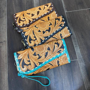 Sunflower Tooled <b>Leather</b> Floral Pattern Women Clutches High Quality Stylish Cash & Card Holder Long Wallet Evening <b>Purse</b> - Product Image 2