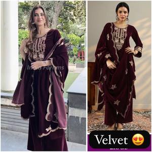 Velvet Sequence Embroidery Front and Back <b>Top</b> with Velvet Plazzo and Organza Lace Dupatta Set Full Stitched Sizes M L XL and XXL - Product Image 3