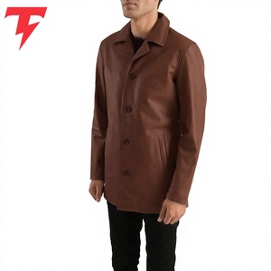 Abrigo Largo de Cuero Genuino para Hombre, Cuello Vuelto, Cierre de Botón, Corte Regular, Color Marrón - Product Image 5