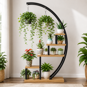 Black Metal Arch Plant <b>Stand</b> with Wooden Shelves Hanging <b>Pot</b> Rack Indoor Garden Display Shelf for Home Decor Patio - Product Image 5