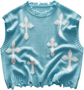 Haut court tricoté sans manches bleu clair avec imprimé croix blanche, col à volants, pull décontracté unisexe, style oversize printemps - Product Image 1