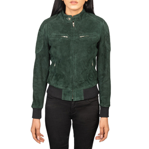 Chaqueta Bomber de Gamuza Verde para Mujer, Cuello Alto, Cierre de Cremallera, Cortavientos, Estilo Motero - Product Image 6