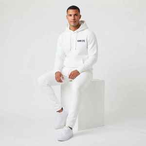 Survêtement blanc à capuche pour homme, manches longues, couleur unie, tenue décontractée avec poche avant et logo, coupe classique, saison automne - Product Image 4