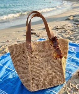 Handmade Crochet Raffia Tote <b>Bag</b>, Woven Beach <b>Bag</b>, <b>Boho</b> Leather Straps - Product Image 4