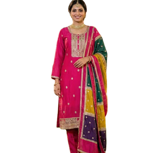 Nuevo diseño de moda, tela de seda chinon pesada, estilo de cuello redondo, corte recto, borde de alta calidad, salwar kameez para colecciones de boutique. - Product Image 1