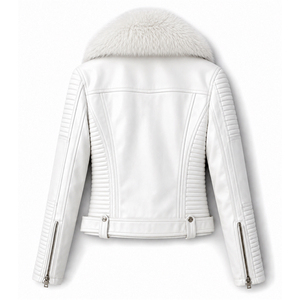 Custom <b>White</b> PU Leather Moto Jacket With Faux Fur Collar Zipper Closure Belted Slim Fit <b>Winter</b> Biker <b>Coat</b> For Unisex - Product Image 2