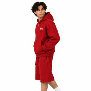 Premium Casual Custom <b>Men</b> <b>Red</b> Zip <b>Fleece</b> Hoodie Shorts Set Oversized <b>Fleece</b> Sweatshirt Co Ord Casual Streetwear Wholesale Hoodie - Product Image 2