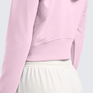 Women's Pink <b>Cropped</b> Hoodie <b>Zip</b>-<b>Up</b> Sweatshirt Full Sleeve Solid Color Knitted Cotton Autumn Wear - Product Image 4
