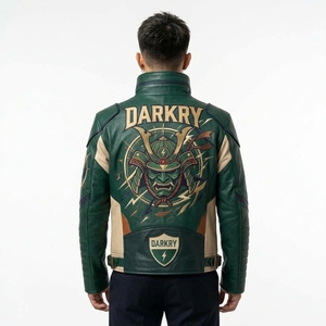 Blouson en cuir vert pour homme, style motard, avec blocs de couleur, patch brodé, col montant et fermeture éclair - Product Image 2
