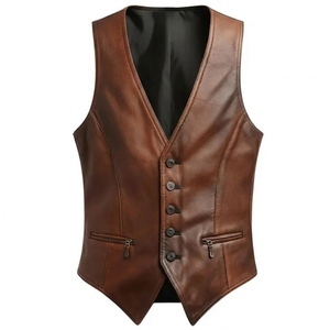 Chaleco de Cuero Marrón para Hombre, Estilo Occidental Vintage, Chaleco de Motero, Chaqueta sin Mangas de Vaquero - Product Image 1