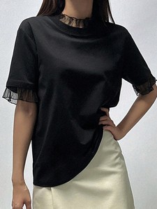 2026 Trendy Elegant Mesh Ruffle Trim Black Short Sleeve Crewneck Top Summer Casual Solid Color Blouse Oem Custom Women's Shirts - Product Image 5