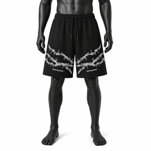 Shorts Bermuda pour Homme Noir à Imprimé Fil de Fer Barbelé, Taille Mi-Haute avec Cordon de Serrage, Style Urbain Décontracté - Product Image 1