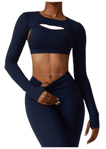 Ensemble de sport pour femme, respirant et sans couture, 2 pièces, pour la salle de sport et le yoga, motif uni, élasthanne/polyester, taille élastique - Product Image 3