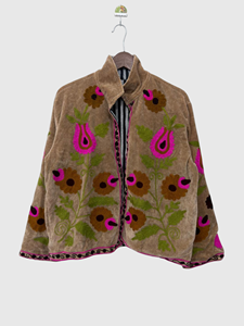 Veste en velours brodée à la main avec des motifs floraux, manches longues, col montant, style chic prairie pour adultes, tenue d'automne - Product Image 1