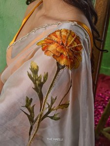Sari de organza con estampado floral, blusa de satén con borde de encaje festoneado, protección solar reversible, largo hasta el suelo, suave, para fiestas y bodas - Product Image 4