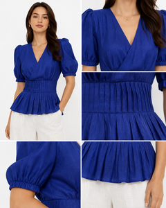 Conjunto de Lino/Algodón Bohemio Sólido Hecho a Mano Directo de Fábrica para Mujer, Top Peplum Casual Azul con Cuello en V y Pantalones Anchos Blancos Talla XL - Product Image 4