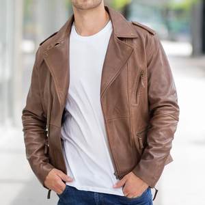 แจ็คเก็ตหนังสีน้ำตาลขายดีสำหรับผู้ชาย สไตล์วินเทจ แจ็คเก็ตสตรีทแวร์คุณภาพสูง แจ็คเก็ตฤดูหนาวสุดคลาสสิค พร้อมปักโลโก้ตามสั่ง - Product Image 2
