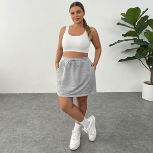 Mini-jupe décontractée grise pour femme, taille élastique avec cordon de serrage, couleur unie, confortable, en coton tricoté et élasthanne, coupe droite, toutes saisons - Product Image 3
