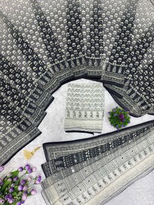 Colección de Sarees de Diseño Estilo Bollywood, Georgette Suave con Hermoso Trabajo de Espejo Real Katdana, Hecho a Mano, para Fiestas, Bodas, Diwali - Product Image 3