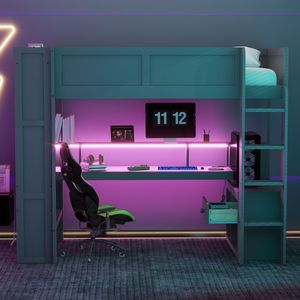 Cama alta de madera gris oscuro tamaño twin para juegos con estación de carga LED y estantes de almacenamiento múltiple. Llegada estimada 2.1 - Product Image 2