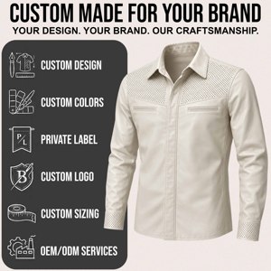 Chemise en cuir ivoire pour homme, manches longues, col rabattu, jugulaire et poignets perforés, double poches poitrine, style décontracté moderne - Product Image 5
