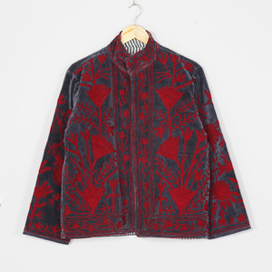 Women Velvet Embroidered <b>Jacket</b> Mandarin Collar Lantern Sleeve Floral Boho Style Autumn Coat Handmade Suzani <b>Pattern</b> - Product Image 6