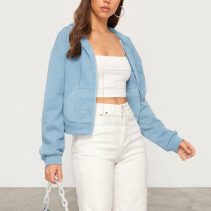Ladies Short Cropped <b>Zipper</b> Hoodies Hooded <b>Tops</b> Long Sleeve Cotton Blend Relaxed Fit Cuffs Zip Front Modern Casual Clothing - Product Image 2
