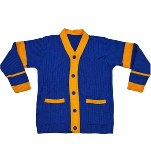 Sorority OEM High <b>Women's</b> Blue Knitted <b>Cardigan</b> With Yellow Contrast V-Neck Long Sleeve Casual Top <b>Button</b> Front Pocket Design - Product Image 1