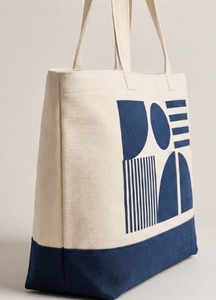 Geometric Print Blue Jute Canvas Tote <b>Bag</b> Eco Friendly Large Capacity Women Shoulder Handbag Reusable <b>Navy</b> Block Shopping - Product Image 4