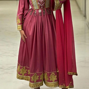 Afghan Woman Wearing Elegant Traditional Dress Shiny Royal Long Sleeves Neckline Featuring Hand Afghan Kuchi Dresses Women's - Product Image 4
