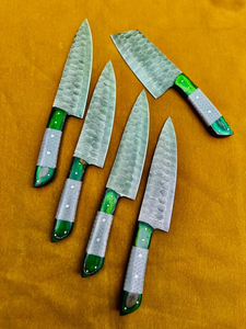 Juego de Cuchillos de Acero de Damasco Hechos a Mano, 5 Piezas, Mango de Madera Verde, Cuchillos de Chef Afilados, Ambidiestros, 67 Capas de Acero de Damasco - Product Image 3