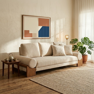 Minimalist Japandi 3-Seater <b>Sofa</b> in Cream with Solid Wood Frame Elegant Comfortable Modern Living Room Furniture - Product Image 1